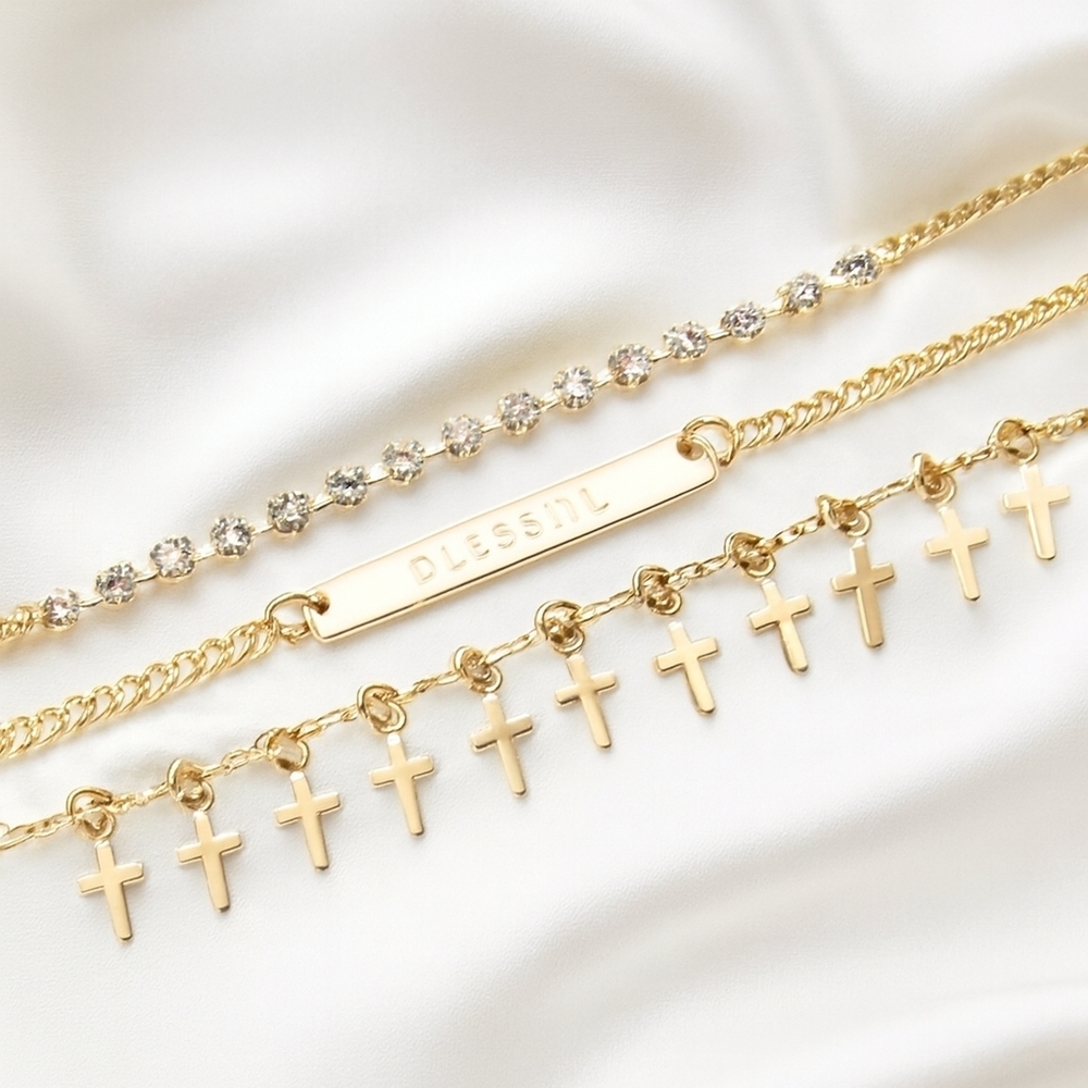 Layered Gold Cross Necklace Set – Blessed Faith Charm & Crystal Pendant Jewelry